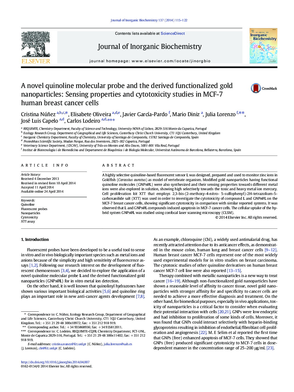 A novel quinoline molecular probe and the derived functionalized gold nanoparticles: Sensing properties and cytotoxicity studies in MCF-7 human breast cancer cells