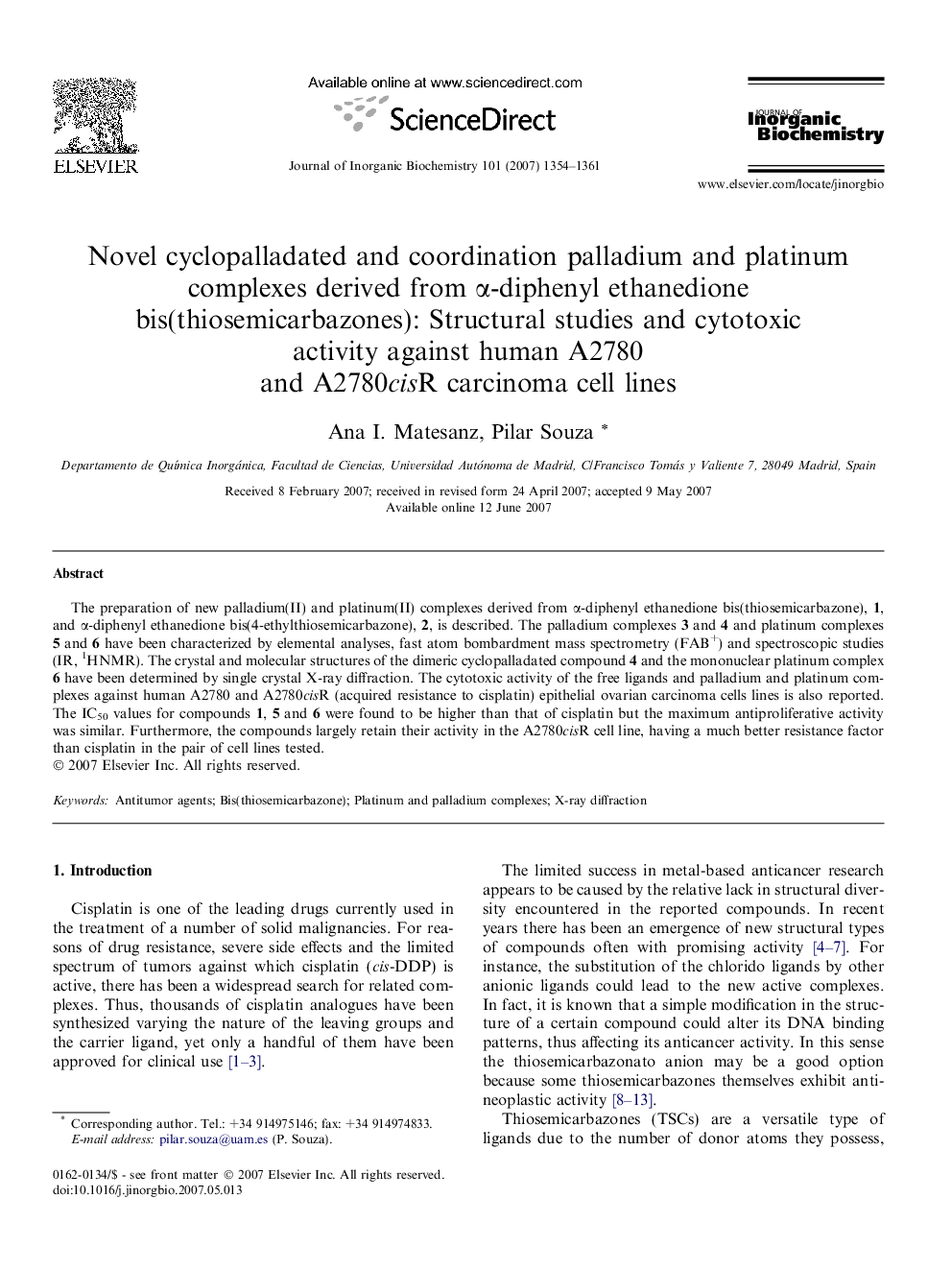 Novel cyclopalladated and coordination palladium and platinum complexes derived from α-diphenyl ethanedione bis(thiosemicarbazones): Structural studies and cytotoxic activity against human A2780 and A2780cisR carcinoma cell lines