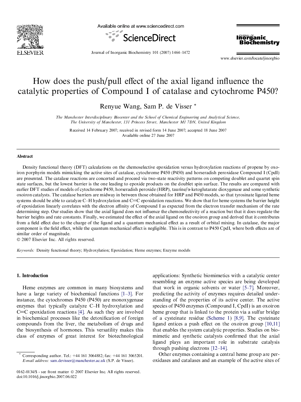 How does the push/pull effect of the axial ligand influence the catalytic properties of Compound I of catalase and cytochrome P450?