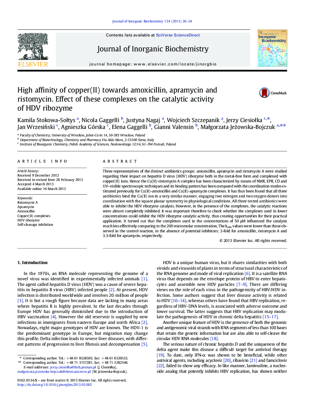 High affinity of copper(II) towards amoxicillin, apramycin and ristomycin. Effect of these complexes on the catalytic activity of HDV ribozyme