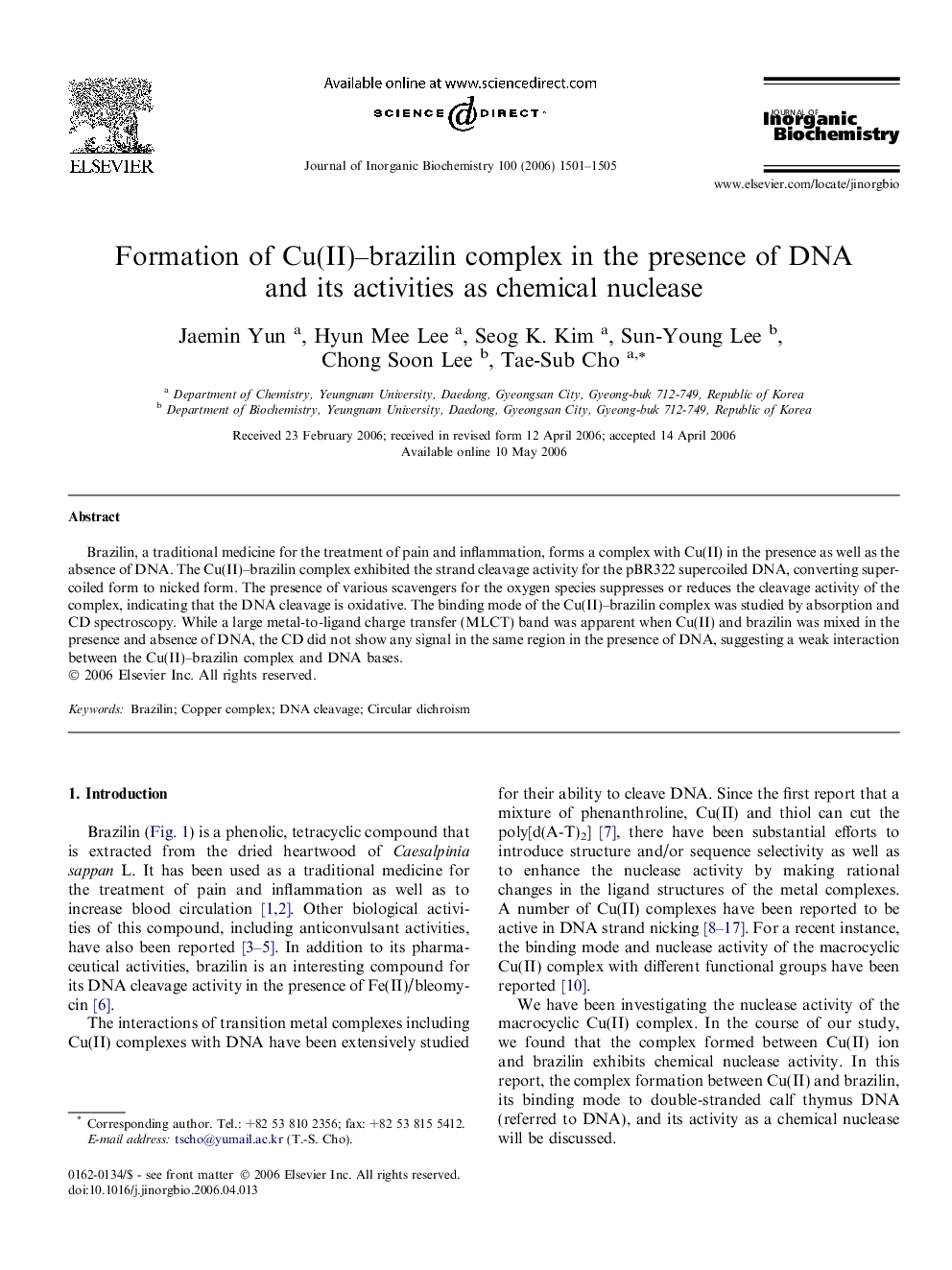 Formation of Cu(II)–brazilin complex in the presence of DNA and its activities as chemical nuclease