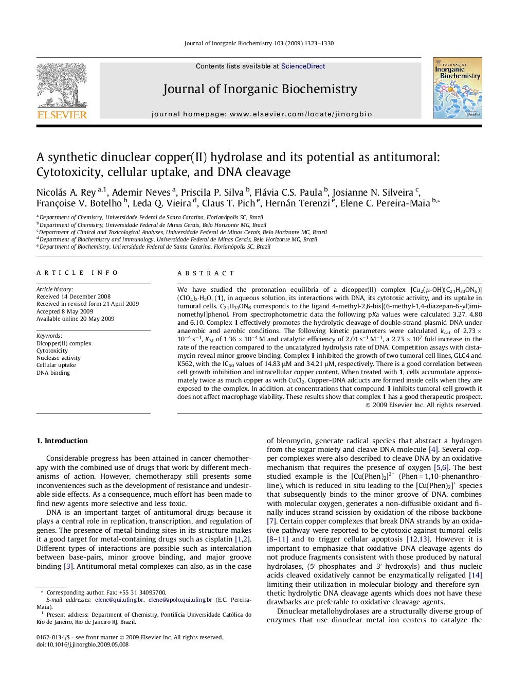 A synthetic dinuclear copper(II) hydrolase and its potential as antitumoral: Cytotoxicity, cellular uptake, and DNA cleavage