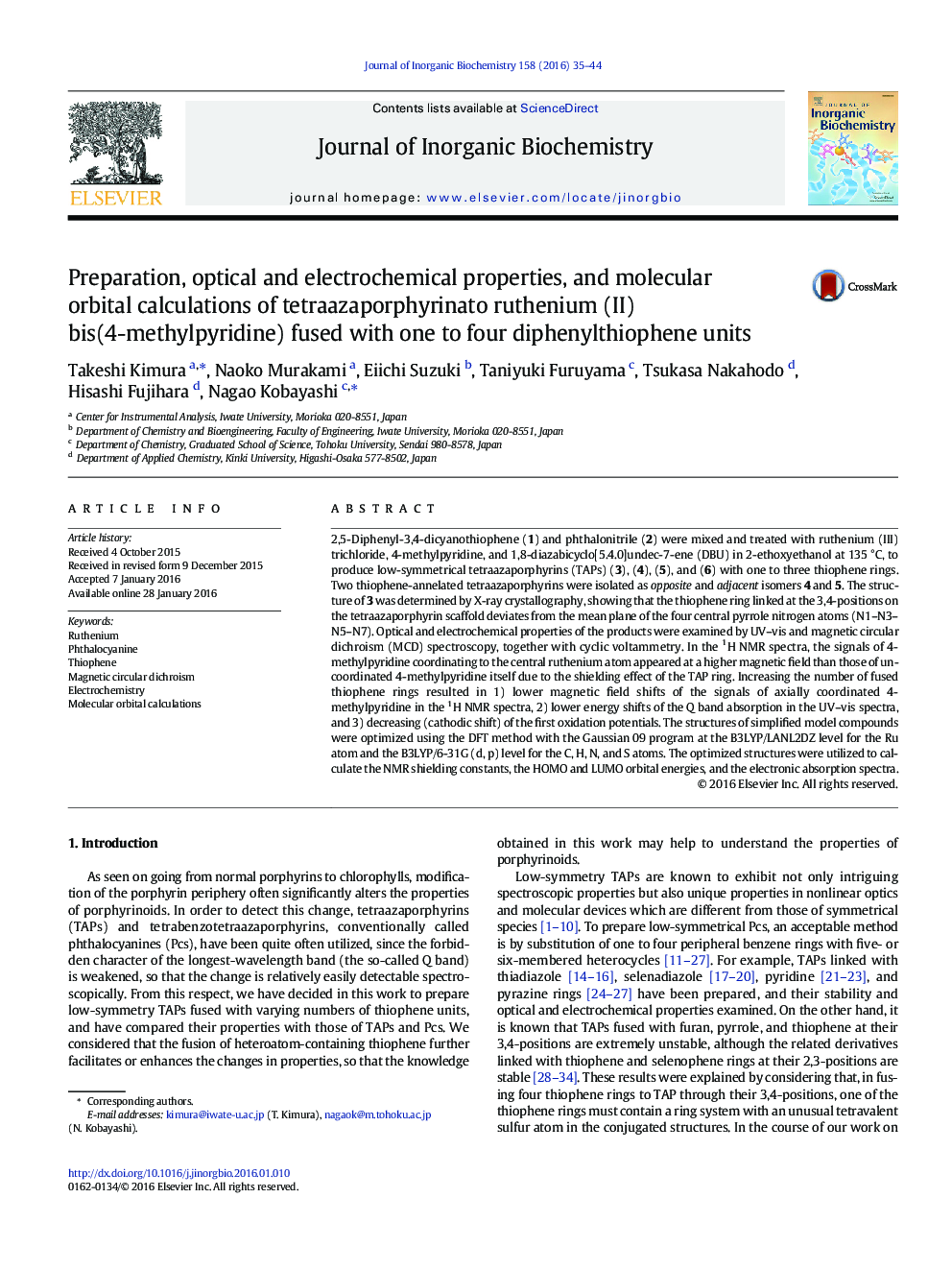 Preparation, optical and electrochemical properties, and molecular orbital calculations of tetraazaporphyrinato ruthenium (II) bis(4-methylpyridine) fused with one to four diphenylthiophene units