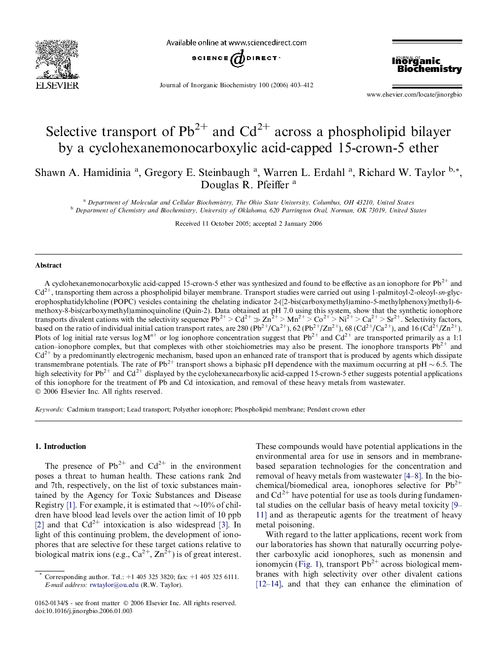 Selective transport of Pb2+ and Cd2+ across a phospholipid bilayer by a cyclohexanemonocarboxylic acid-capped 15-crown-5 ether