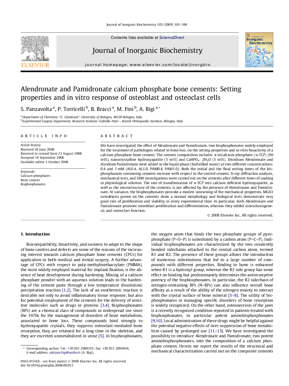 Alendronate and Pamidronate calcium phosphate bone cements: Setting properties and in vitro response of osteoblast and osteoclast cells