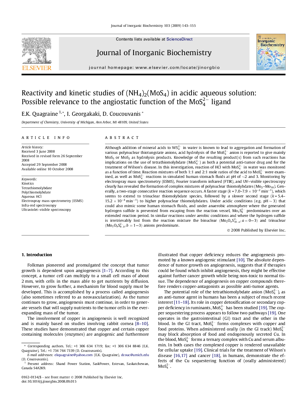 Reactivity and kinetic studies of (NH4)2(MoS4) in acidic aqueous solution: Possible relevance to the angiostatic function of the MoS42- ligand