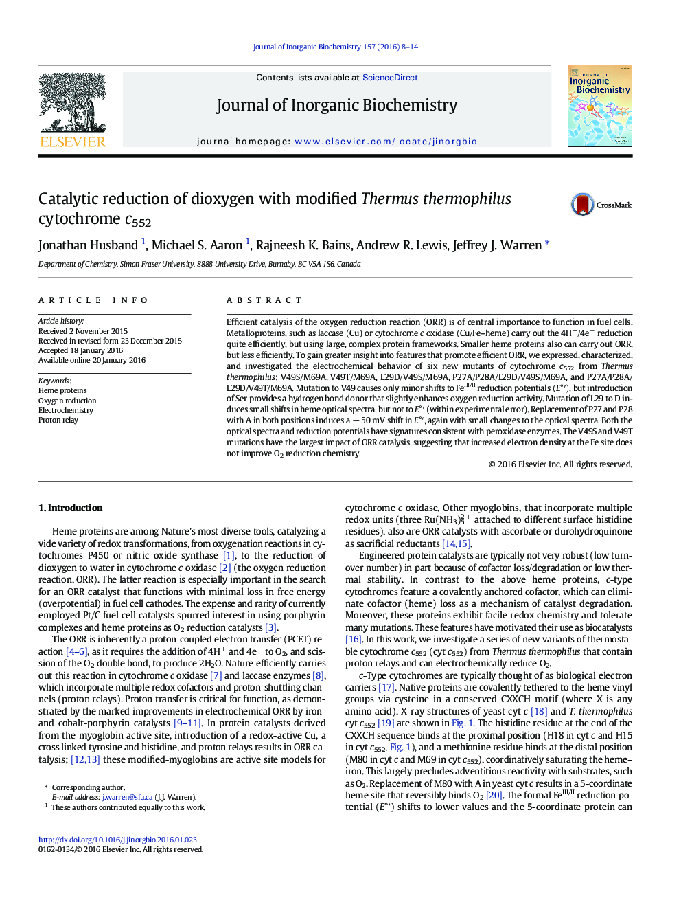 Catalytic reduction of dioxygen with modified Thermus thermophilus cytochrome c552