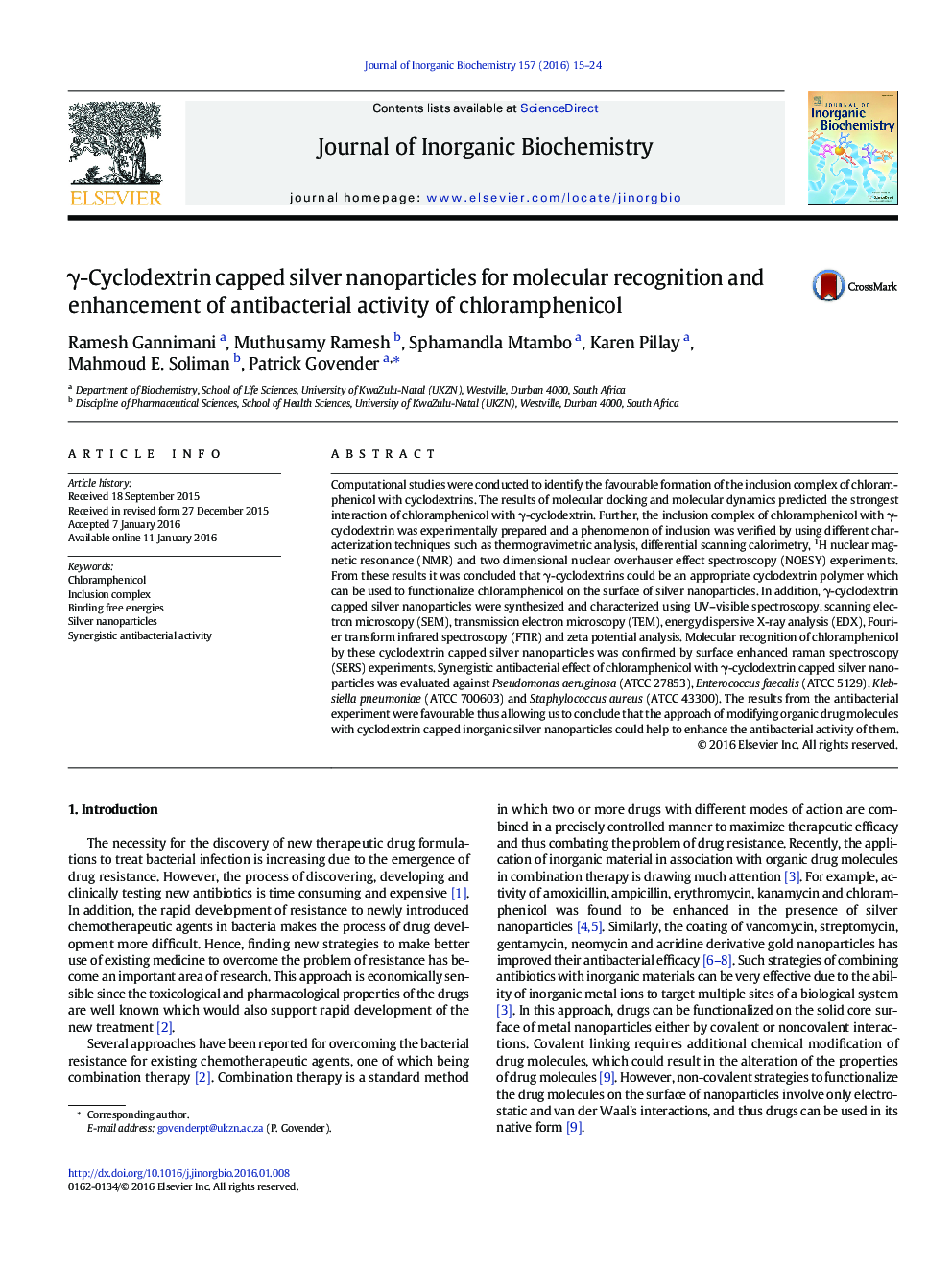 γ-Cyclodextrin capped silver nanoparticles for molecular recognition and enhancement of antibacterial activity of chloramphenicol