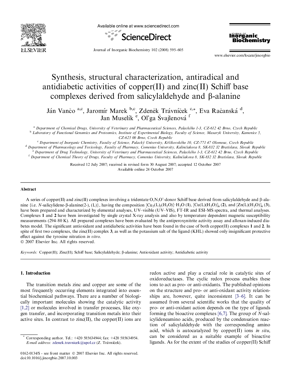 Synthesis, structural characterization, antiradical and antidiabetic activities of copper(II) and zinc(II) Schiff base complexes derived from salicylaldehyde and β-alanine