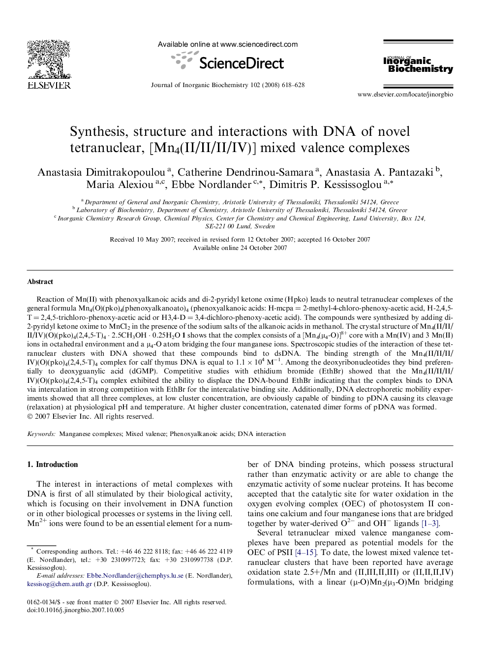 Synthesis, structure and interactions with DNA of novel tetranuclear, [Mn4(II/II/II/IV)] mixed valence complexes