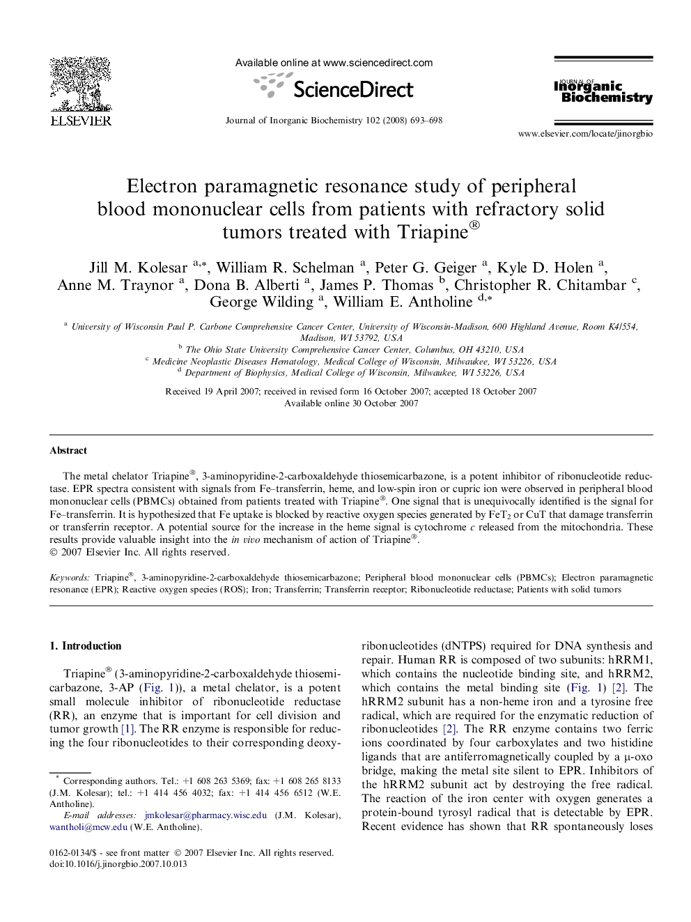 Electron paramagnetic resonance study of peripheral blood mononuclear cells from patients with refractory solid tumors treated with Triapine®