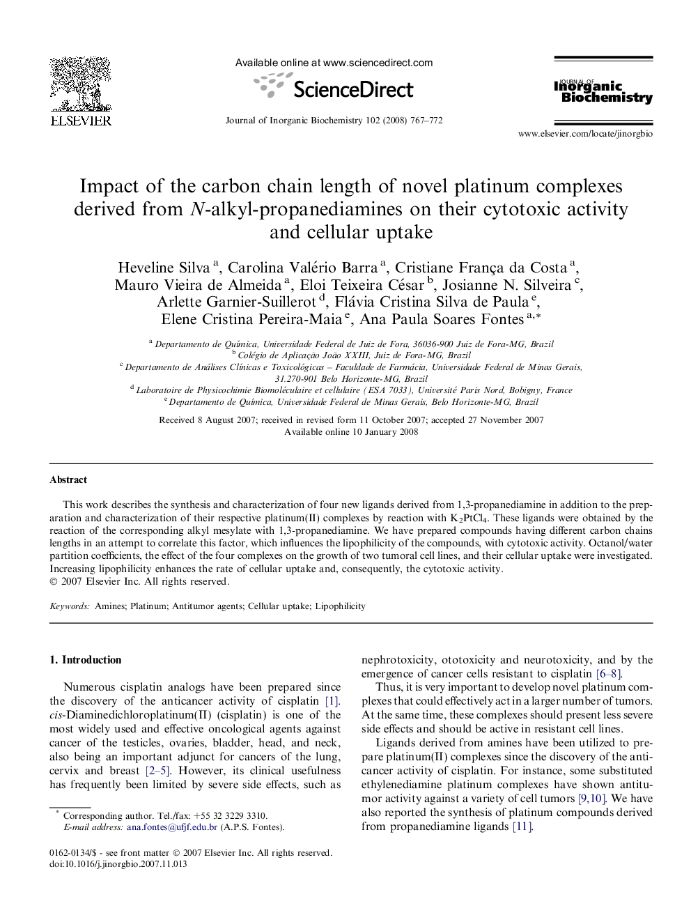 Impact of the carbon chain length of novel platinum complexes derived from N-alkyl-propanediamines on their cytotoxic activity and cellular uptake