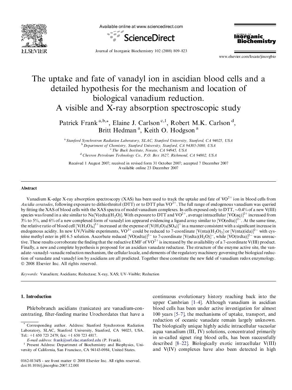 The uptake and fate of vanadyl ion in ascidian blood cells and a detailed hypothesis for the mechanism and location of biological vanadium reduction. A visible and X-ray absorption spectroscopic study