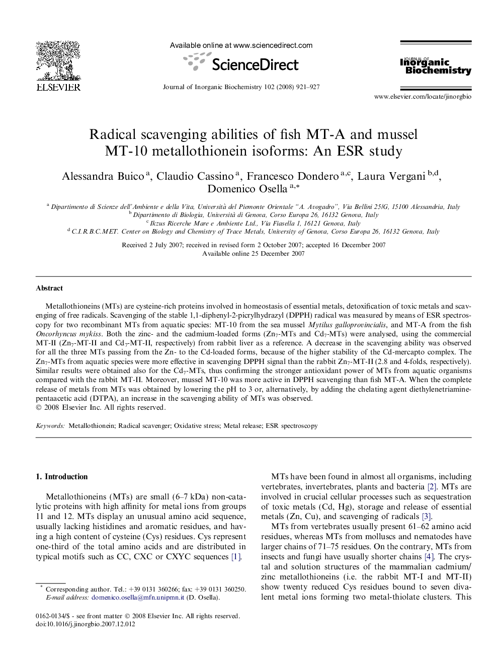 Radical scavenging abilities of fish MT-A and mussel MT-10 metallothionein isoforms: An ESR study