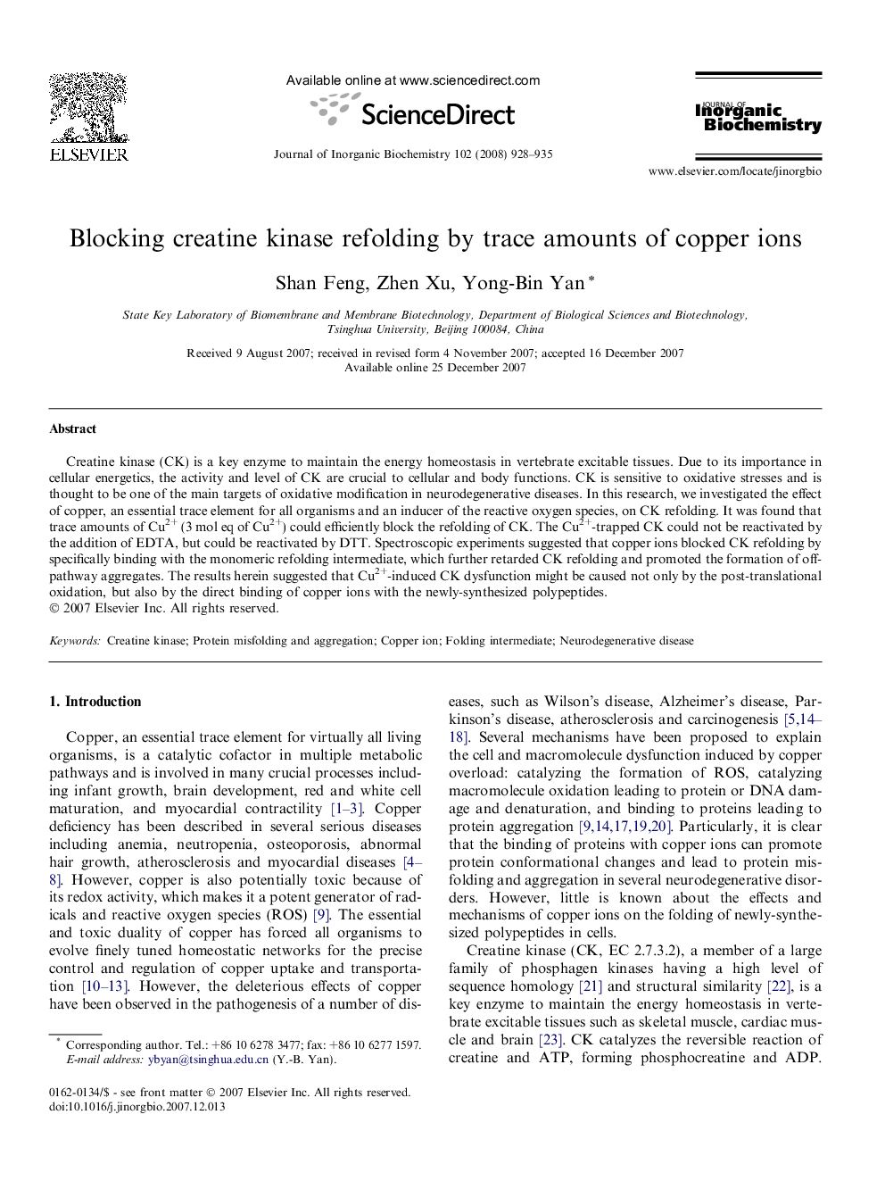 Blocking creatine kinase refolding by trace amounts of copper ions