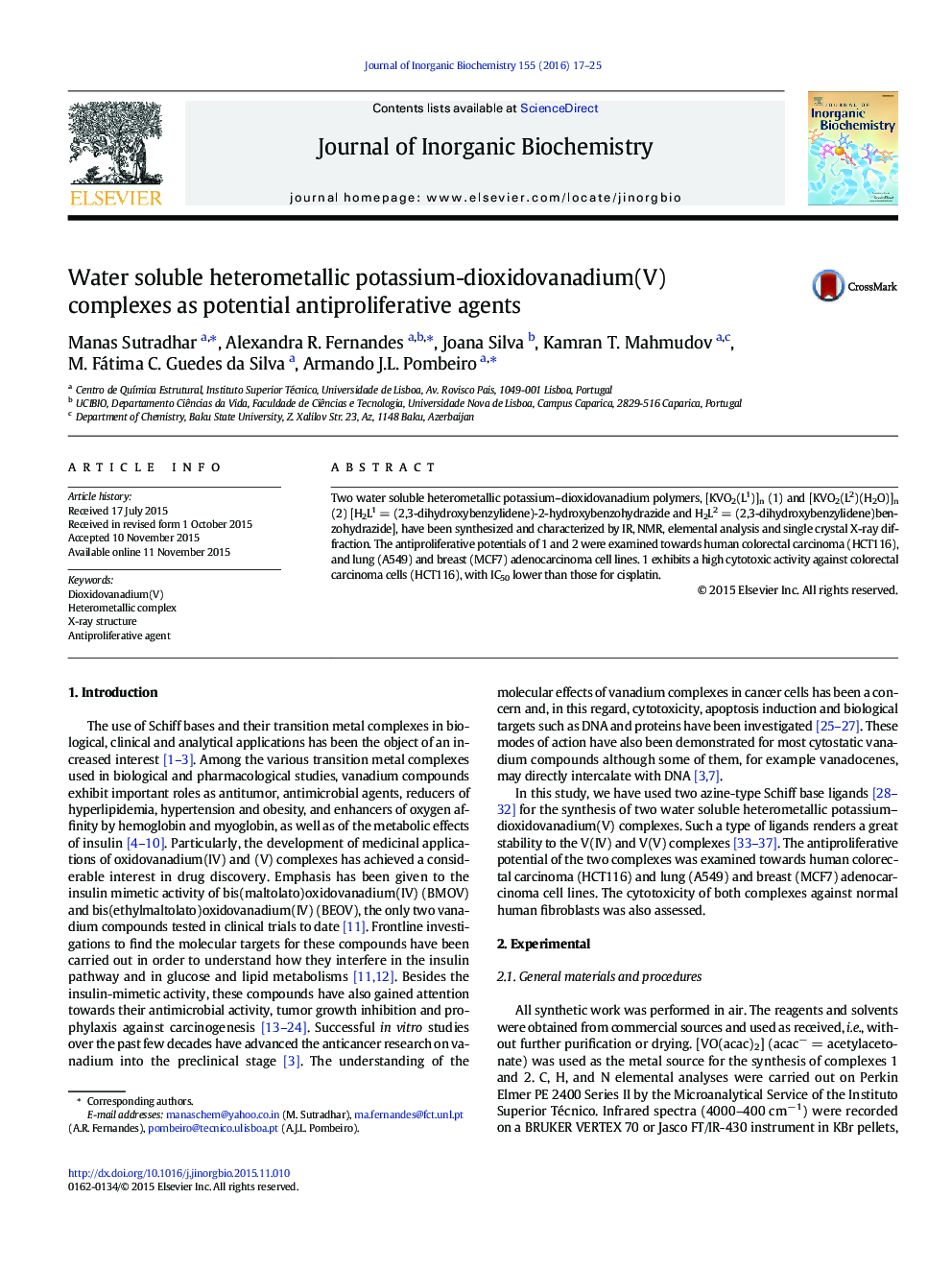 Water soluble heterometallic potassium-dioxidovanadium(V) complexes as potential antiproliferative agents