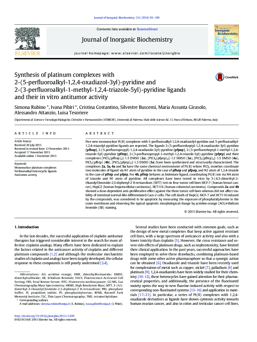 Synthesis of platinum complexes with 2-(5-perfluoroalkyl-1,2,4-oxadiazol-3yl)-pyridine and 2-(3-perfluoroalkyl-1-methyl-1,2,4-triazole-5yl)-pyridine ligands and their in vitro antitumor activity