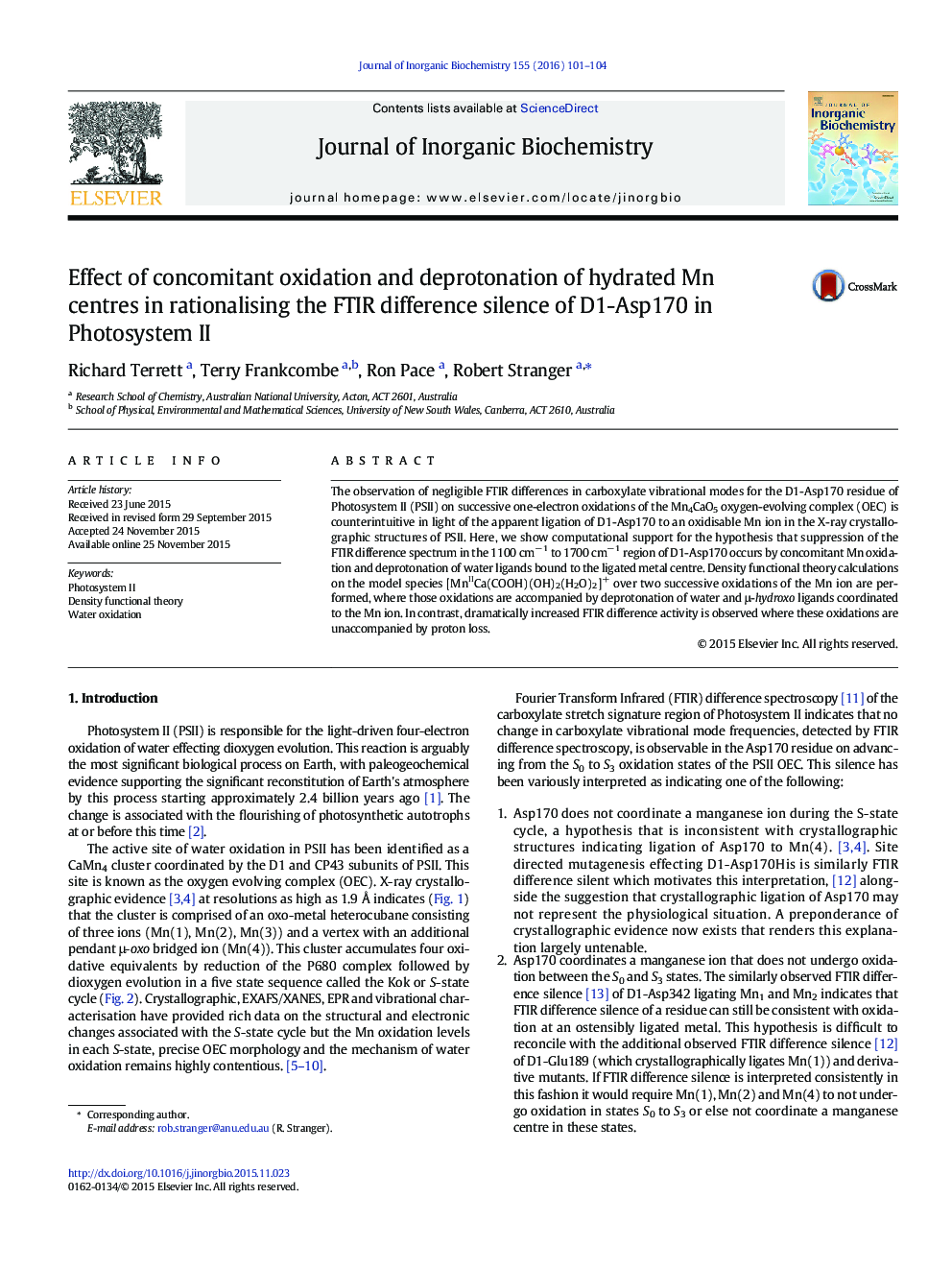 Effect of concomitant oxidation and deprotonation of hydrated Mn centres in rationalising the FTIR difference silence of D1-Asp170 in Photosystem II