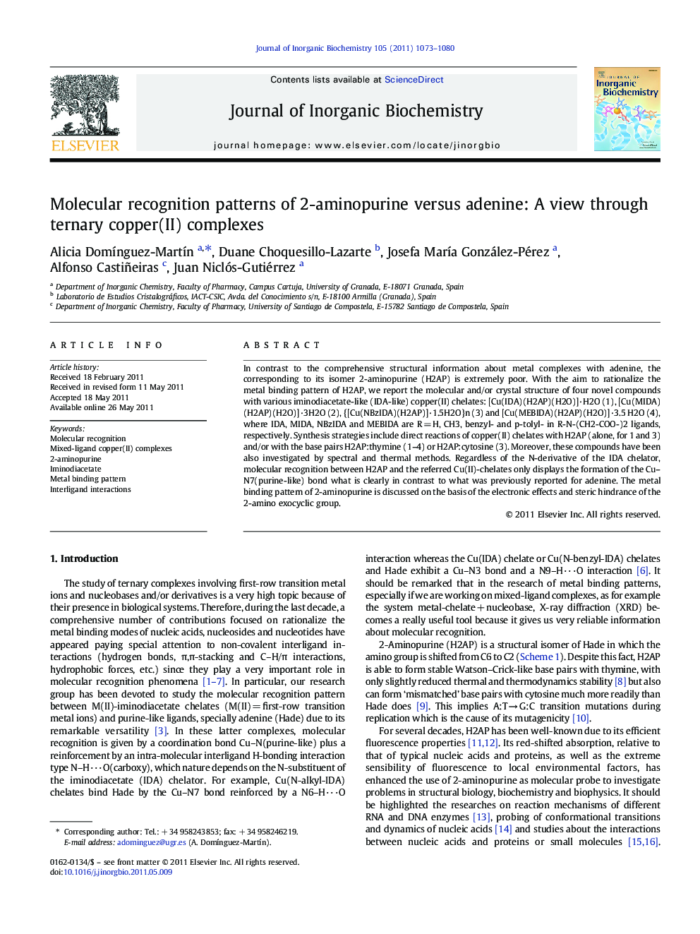 Molecular recognition patterns of 2-aminopurine versus adenine: A view through ternary copper(II) complexes