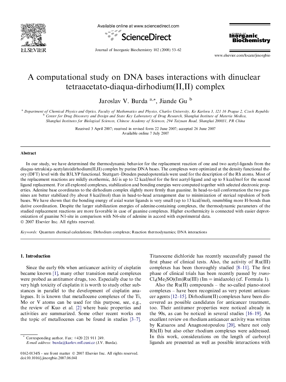 A computational study on DNA bases interactions with dinuclear tetraacetato-diaqua-dirhodium(II,II) complex