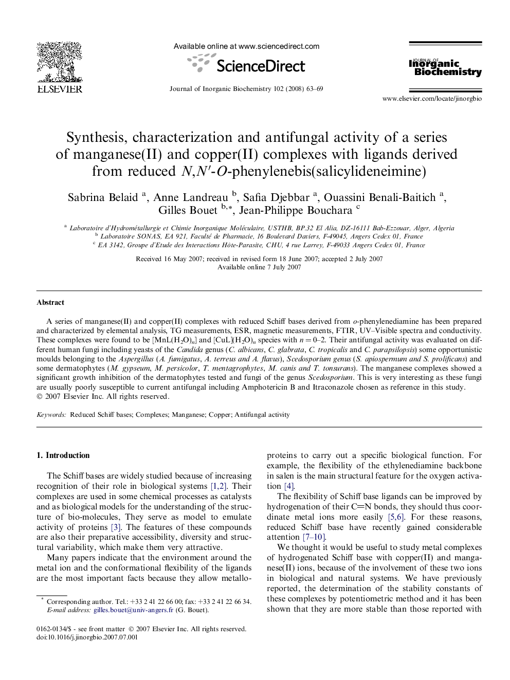 Synthesis, characterization and antifungal activity of a series of manganese(II) and copper(II) complexes with ligands derived from reduced N,N′-O-phenylenebis(salicylideneimine)