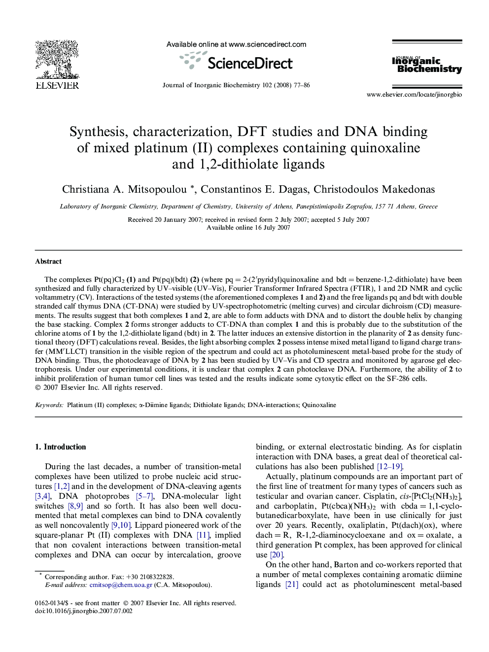 Synthesis, characterization, DFT studies and DNA binding of mixed platinum (II) complexes containing quinoxaline and 1,2-dithiolate ligands