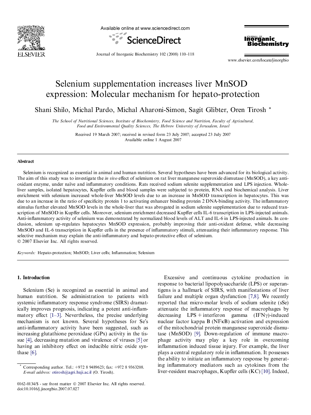 Selenium supplementation increases liver MnSOD expression: Molecular mechanism for hepato-protection