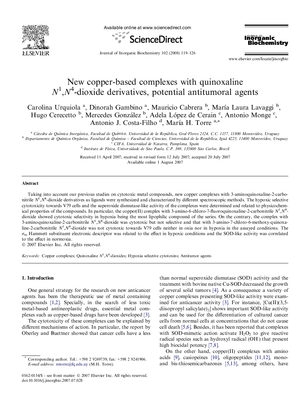 New copper-based complexes with quinoxaline N1,N4-dioxide derivatives, potential antitumoral agents