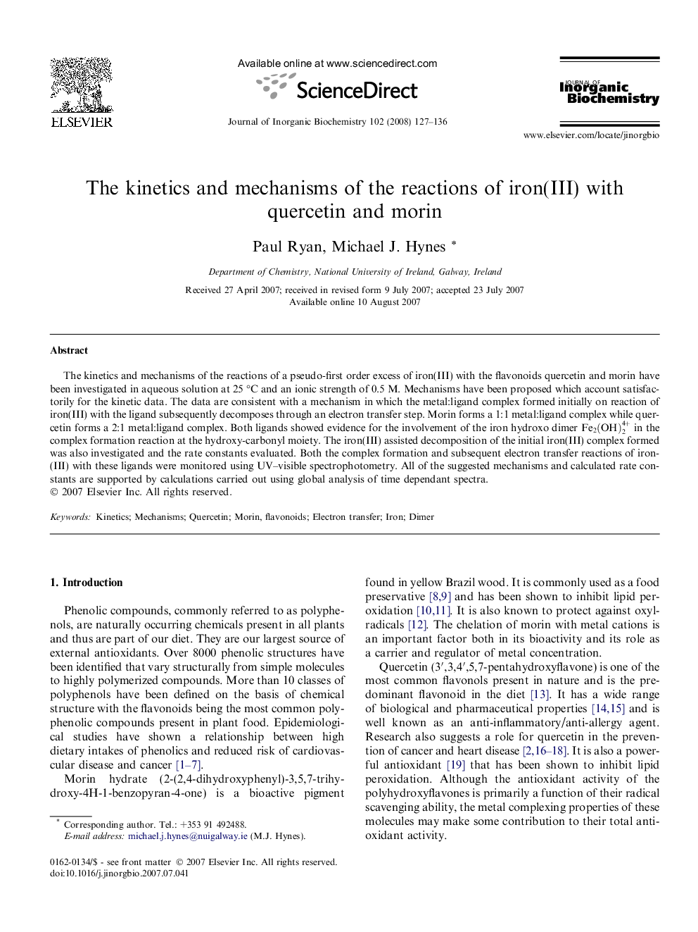 The kinetics and mechanisms of the reactions of iron(III) with quercetin and morin