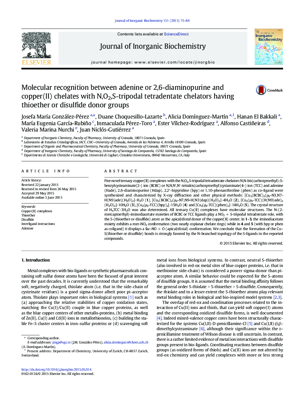 Molecular recognition between adenine or 2,6-diaminopurine and copper(II) chelates with N,O2,S-tripodal tetradentate chelators having thioether or disulfide donor groups