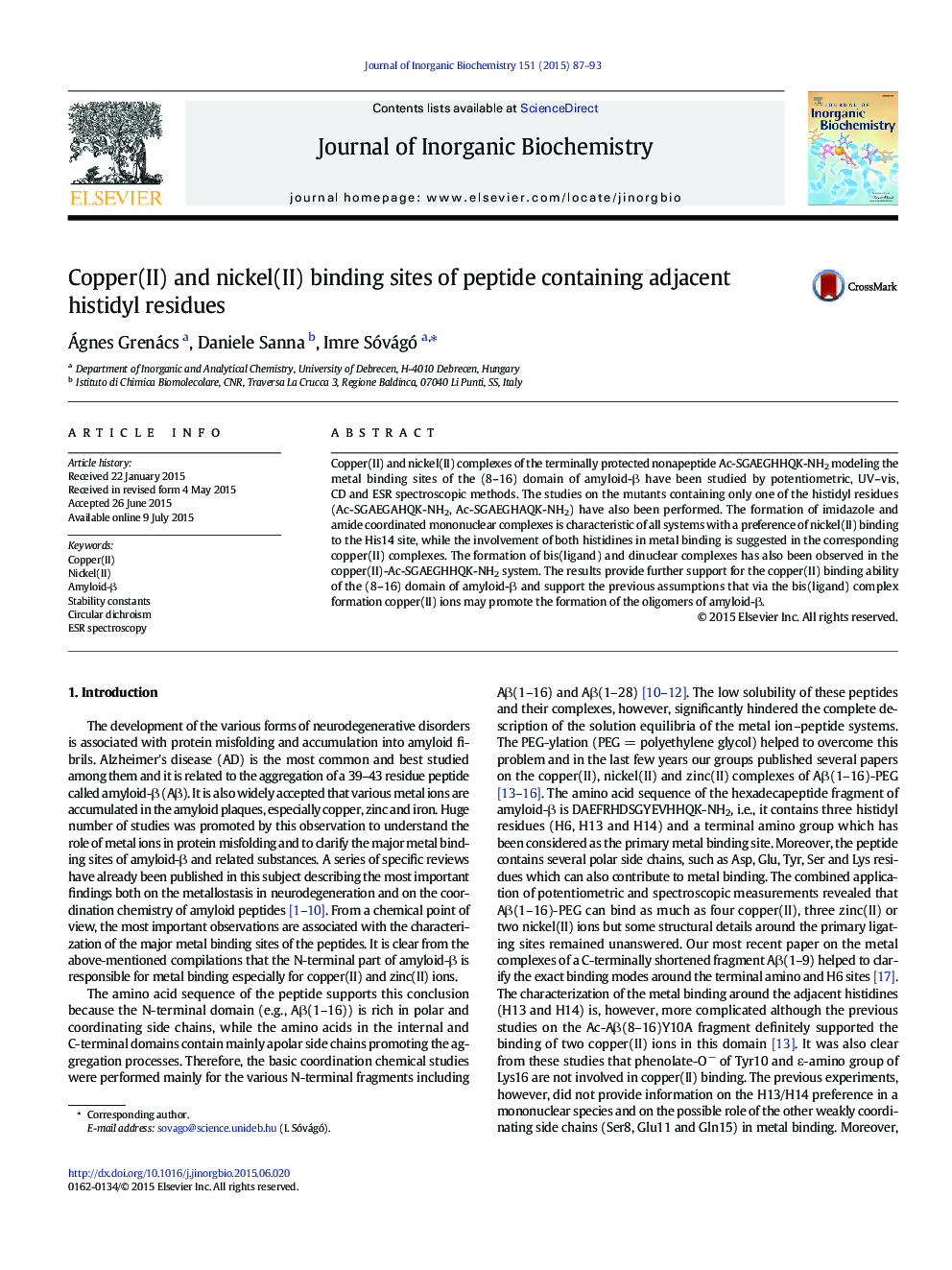 Copper(II) and nickel(II) binding sites of peptide containing adjacent histidyl residues