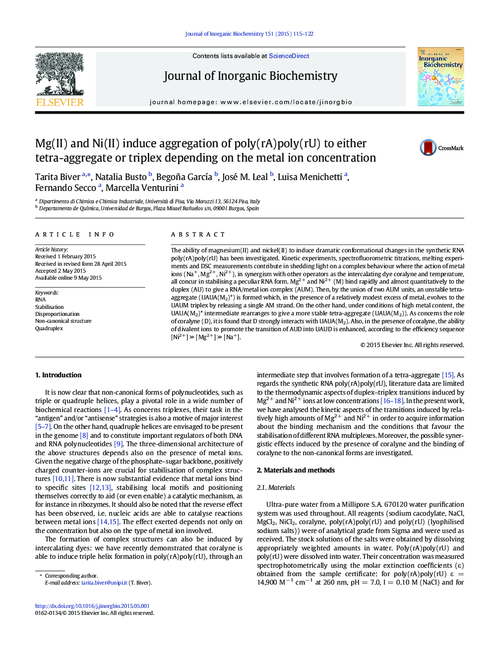 Mg(II) and Ni(II) induce aggregation of poly(rA)poly(rU) to either tetra-aggregate or triplex depending on the metal ion concentration