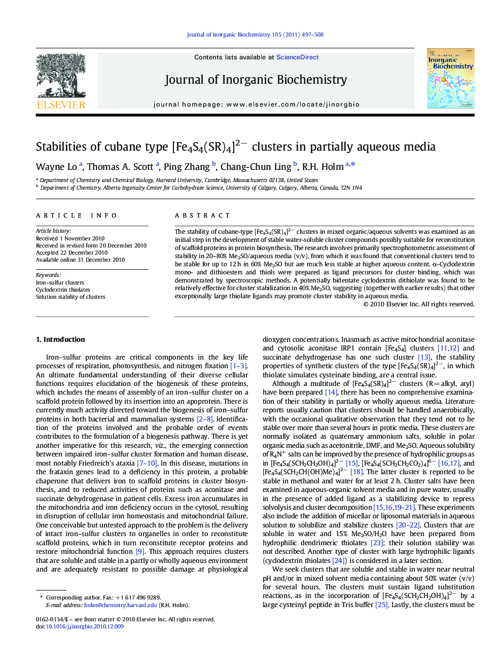 Stabilities of cubane type [Fe4S4(SR)4]2− clusters in partially aqueous media