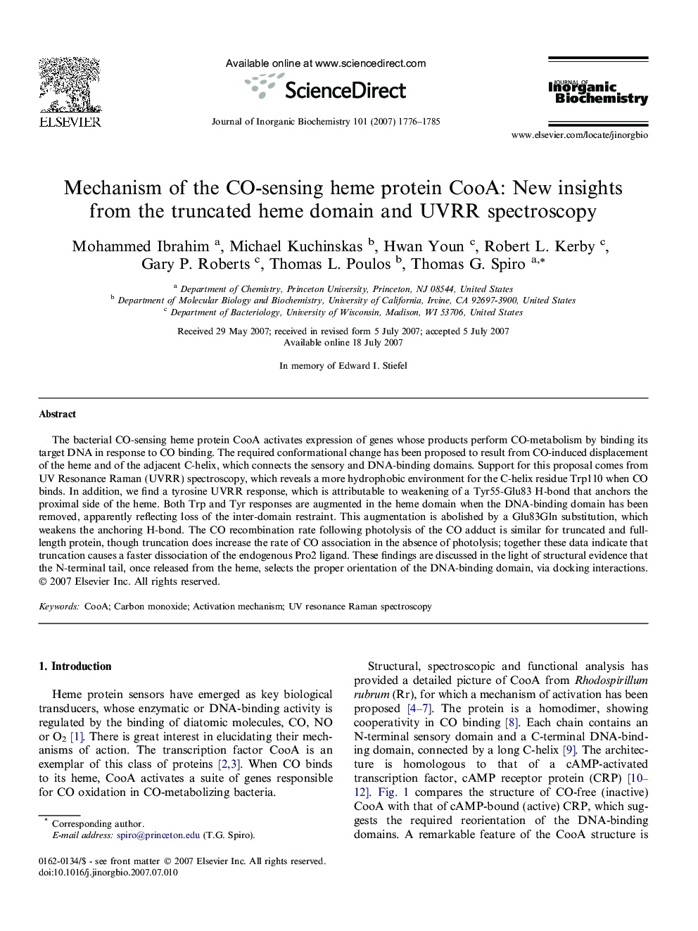 Mechanism of the CO-sensing heme protein CooA: New insights from the truncated heme domain and UVRR spectroscopy