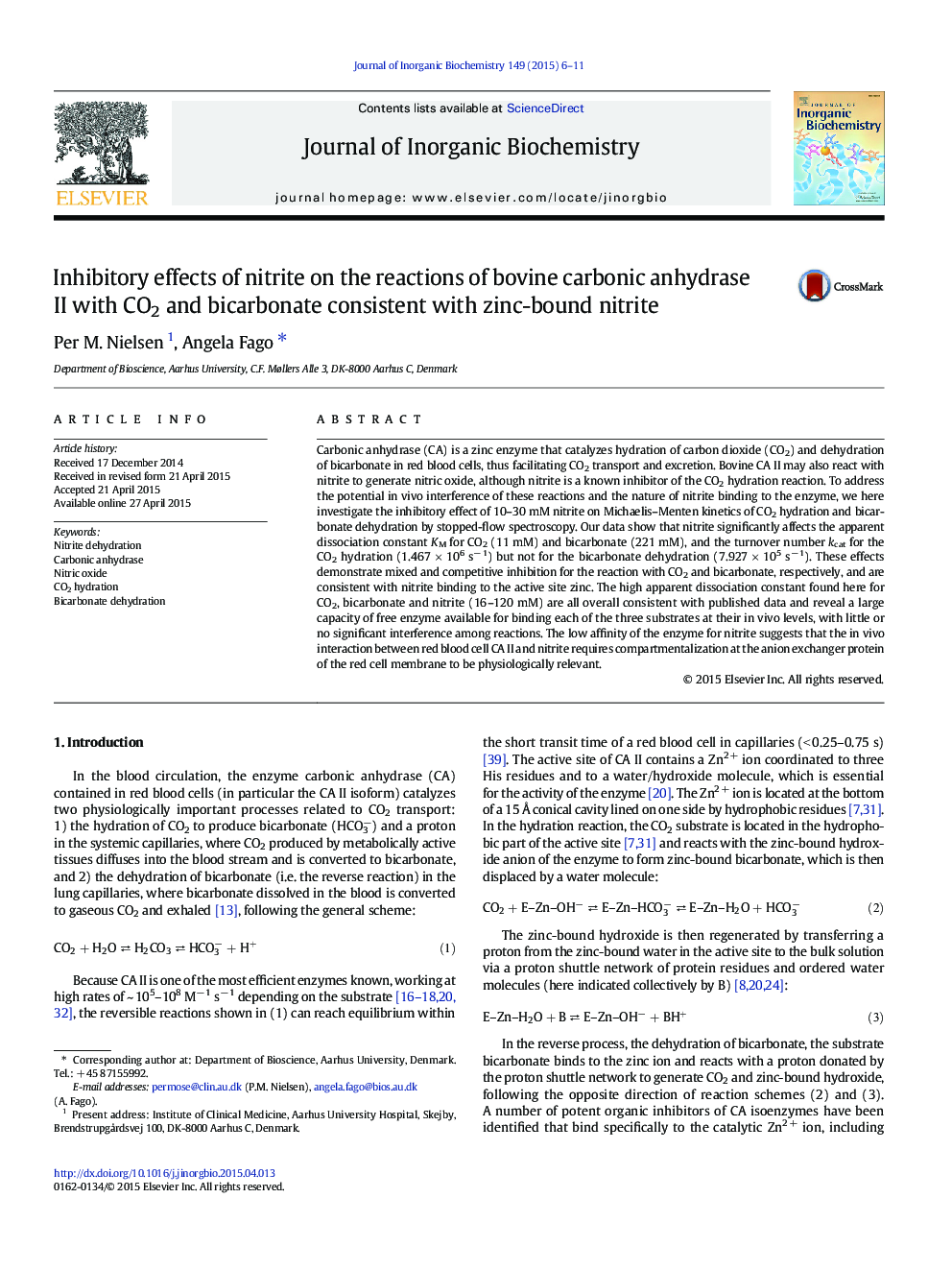 Inhibitory effects of nitrite on the reactions of bovine carbonic anhydrase II with CO2 and bicarbonate consistent with zinc-bound nitrite