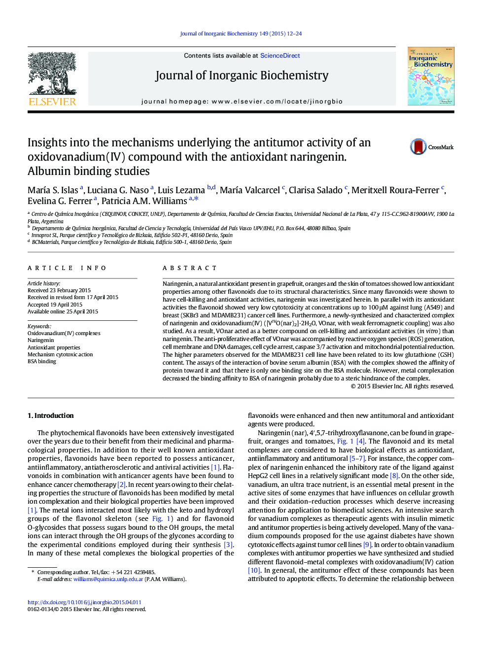 Insights into the mechanisms underlying the antitumor activity of an oxidovanadium(IV) compound with the antioxidant naringenin. Albumin binding studies