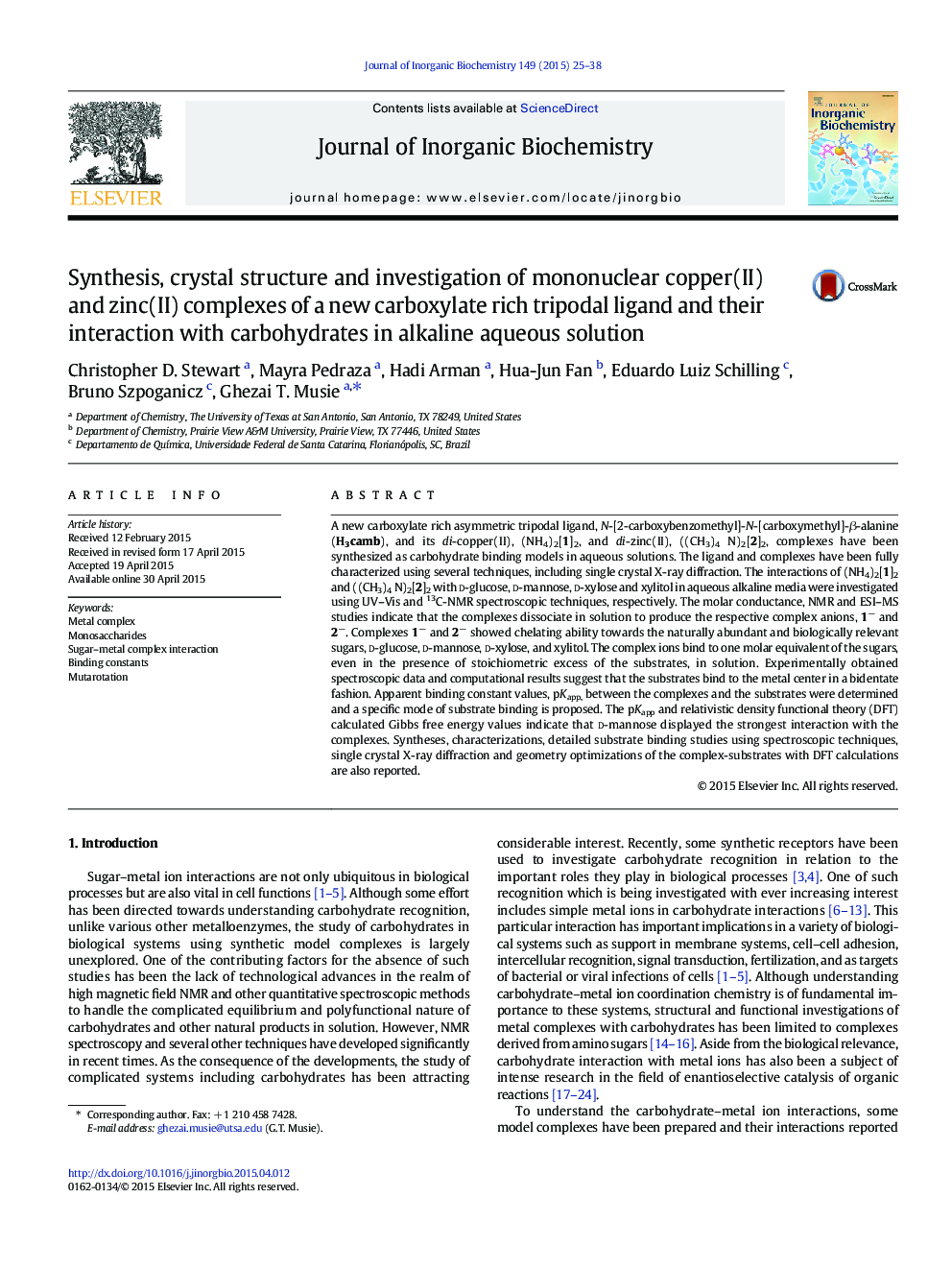 Synthesis, crystal structure and investigation of mononuclear copper(II) and zinc(II) complexes of a new carboxylate rich tripodal ligand and their interaction with carbohydrates in alkaline aqueous solution