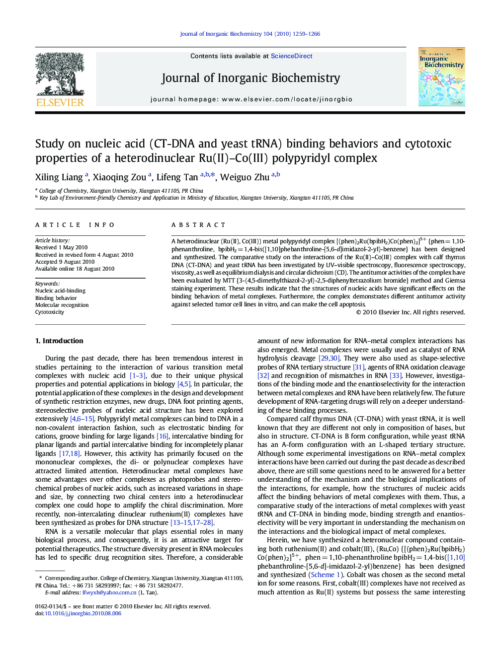 Study on nucleic acid (CT-DNA and yeast tRNA) binding behaviors and cytotoxic properties of a heterodinuclear Ru(II)–Co(III) polypyridyl complex