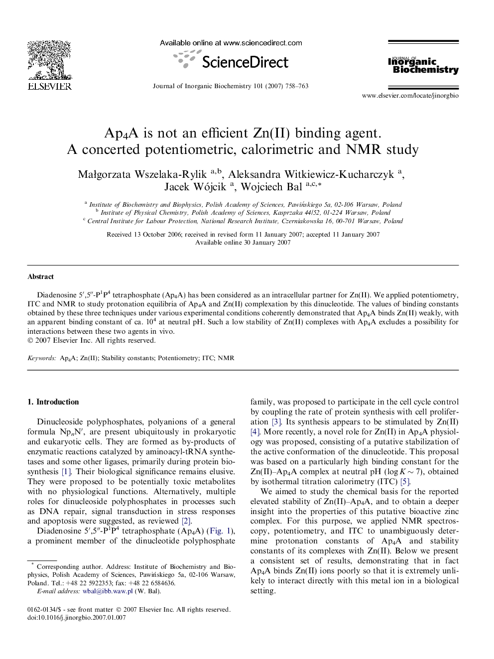 Ap4A is not an efficient Zn(II) binding agent. A concerted potentiometric, calorimetric and NMR study