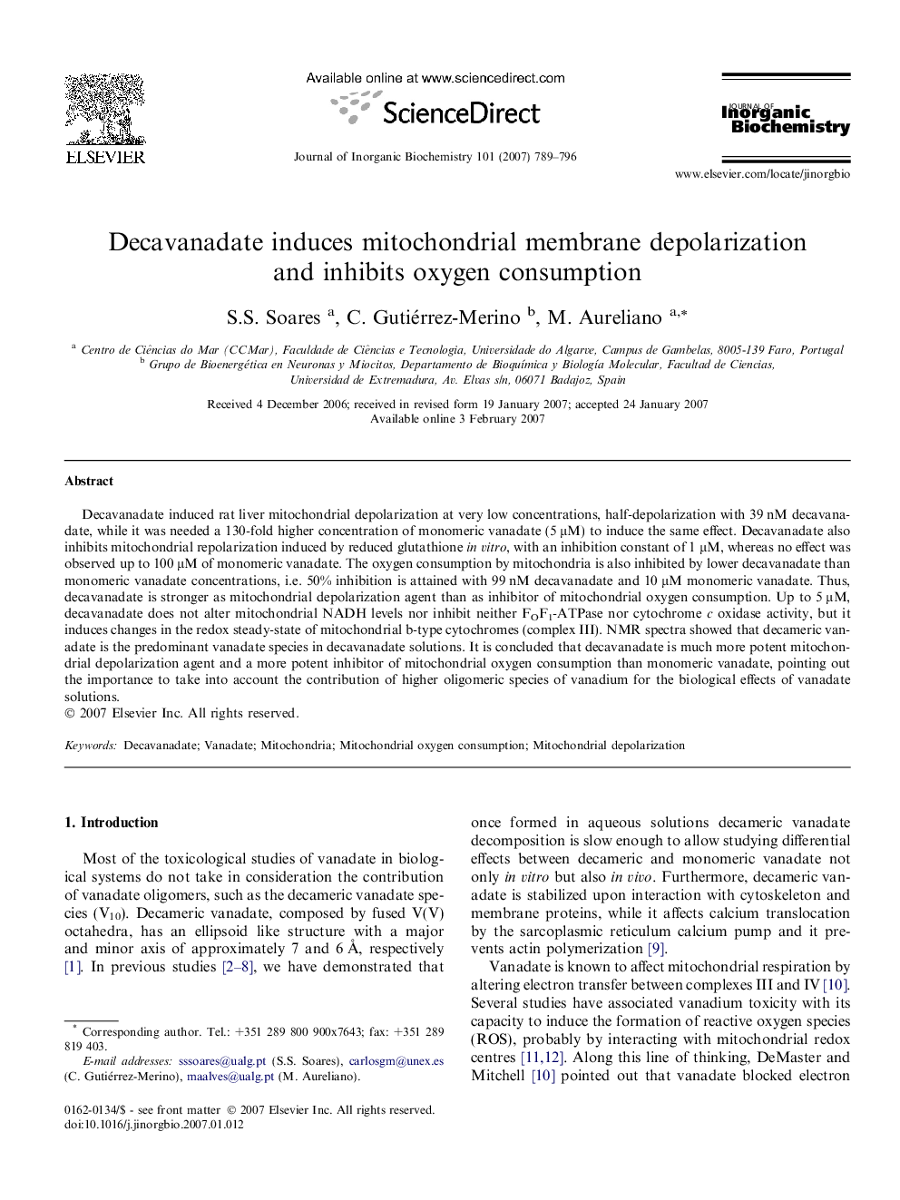 Decavanadate induces mitochondrial membrane depolarization and inhibits oxygen consumption