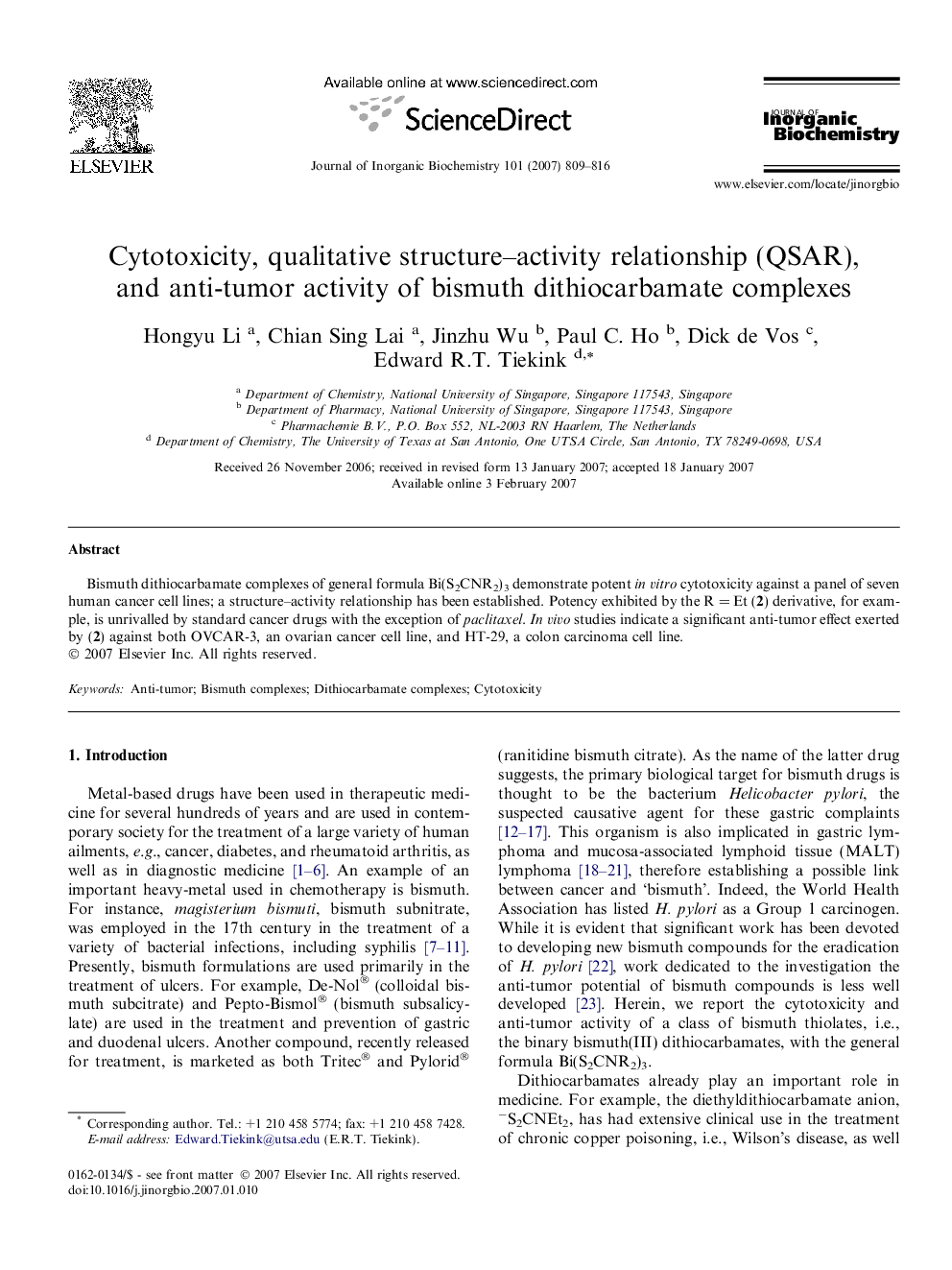 Cytotoxicity, qualitative structure–activity relationship (QSAR), and anti-tumor activity of bismuth dithiocarbamate complexes