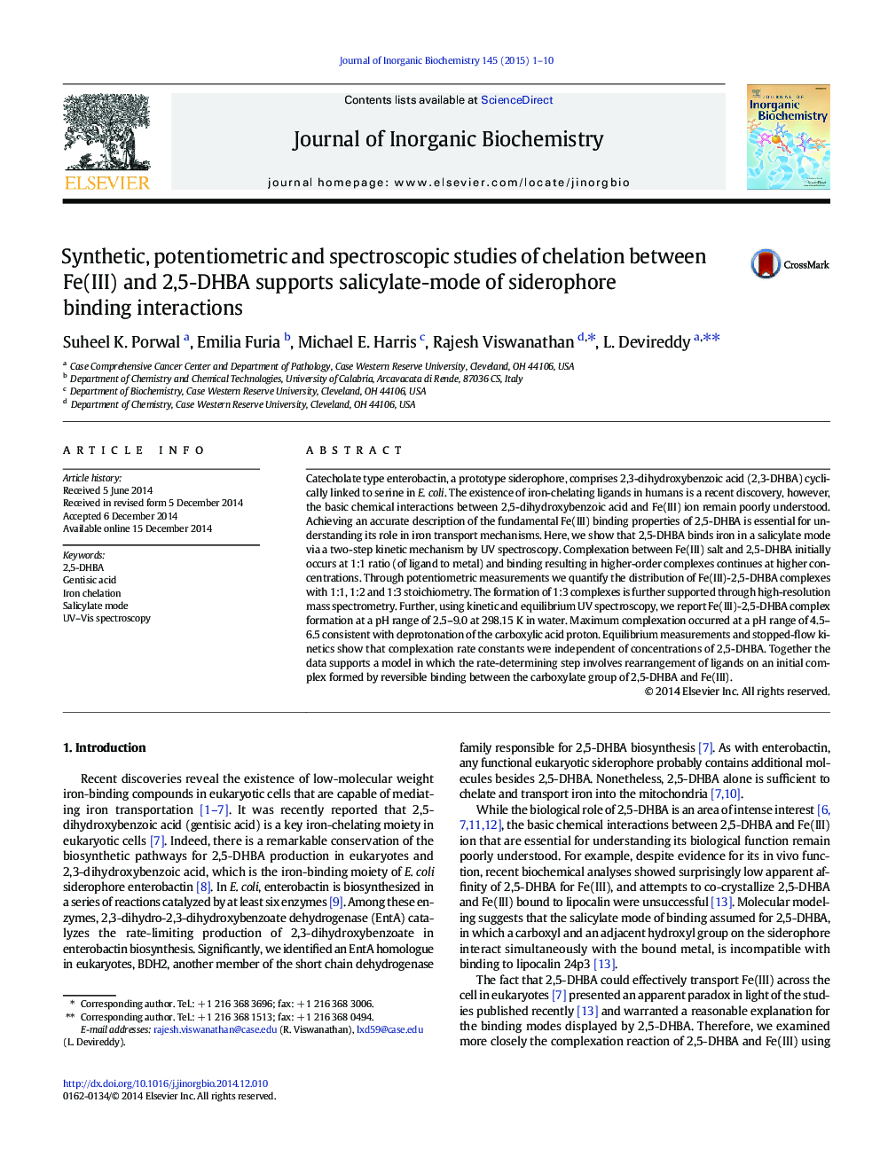 Synthetic, potentiometric and spectroscopic studies of chelation between Fe(III) and 2,5-DHBA supports salicylate-mode of siderophore binding interactions