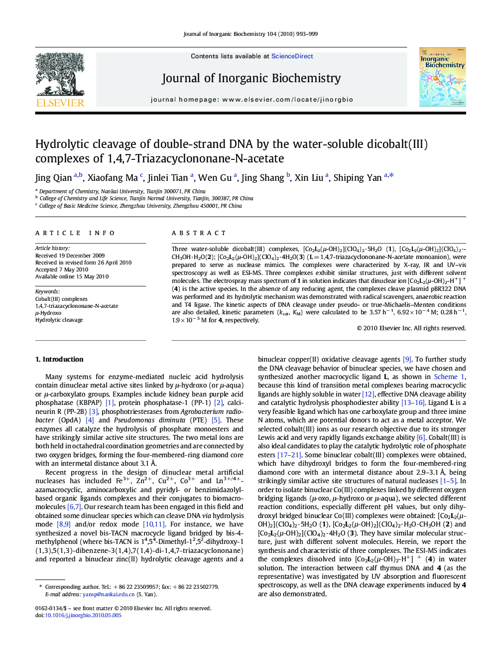 Hydrolytic cleavage of double-strand DNA by the water-soluble dicobalt(III) complexes of 1,4,7-Triazacyclononane-N-acetate