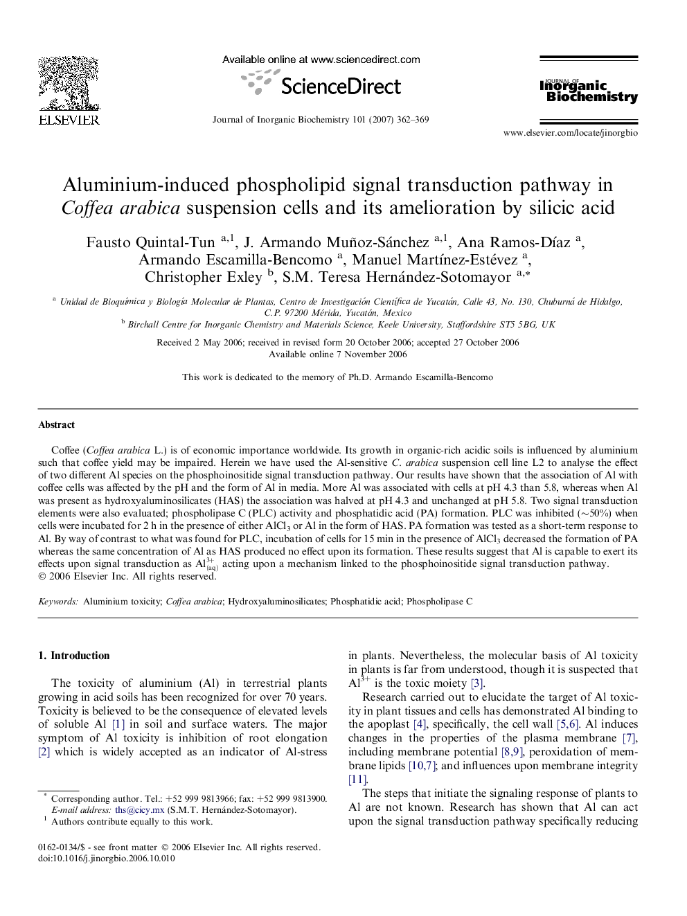 Aluminium-induced phospholipid signal transduction pathway in Coffea arabica suspension cells and its amelioration by silicic acid