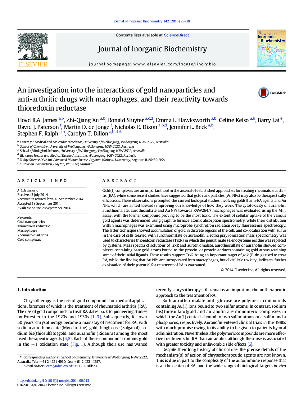 An investigation into the interactions of gold nanoparticles and anti-arthritic drugs with macrophages, and their reactivity towards thioredoxin reductase