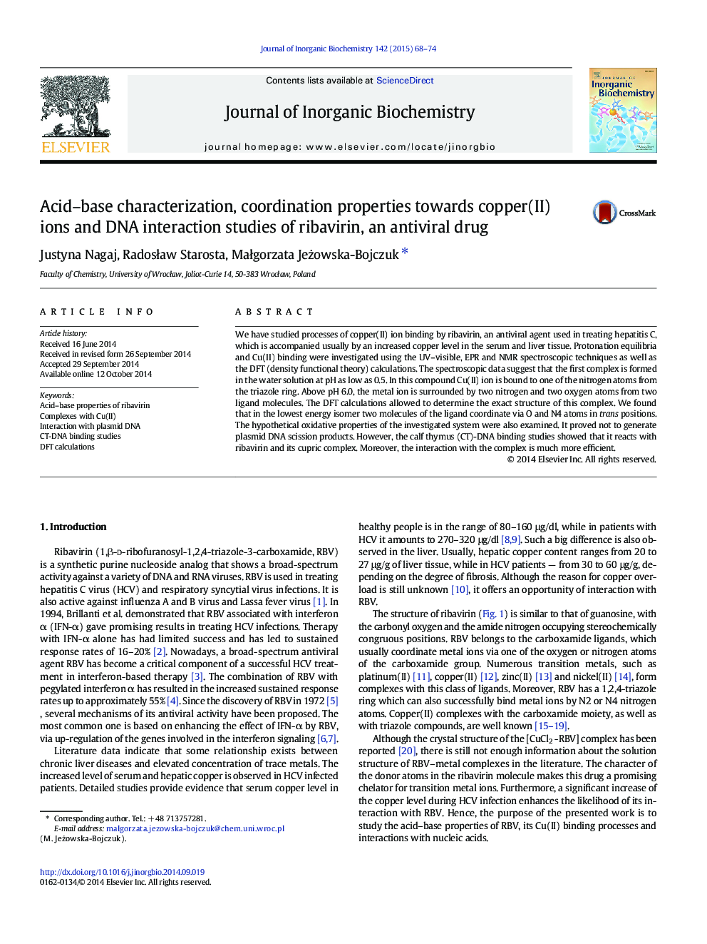 عکس صفحه اول مقاله: Acid–base characterization, coordination properties towards copper(II) ions and DNA interaction studies of ribavirin, an antiviral drug Acid–base characterization, coordination properties towards copper(II) ions and DNA interaction studies of ribavirin, an antiviral drug