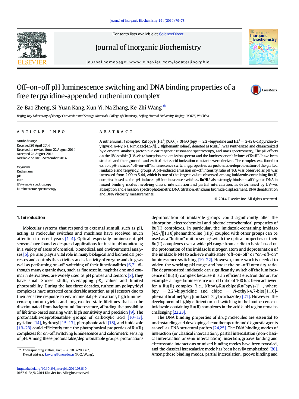 Off–on–off pH luminescence switching and DNA binding properties of a free terpyridine-appended ruthenium complex