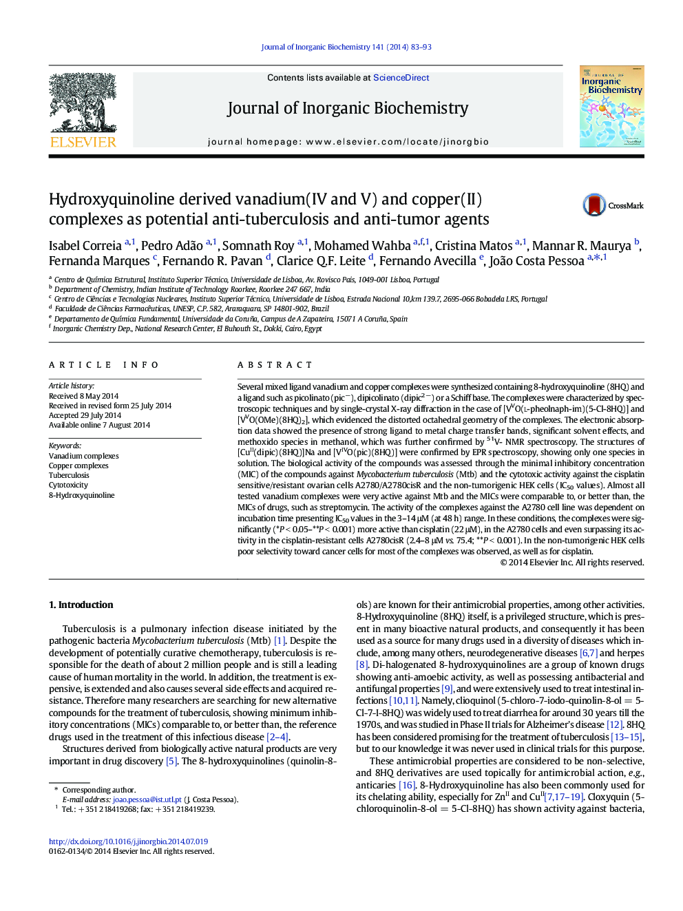 Hydroxyquinoline derived vanadium(IV and V) and copper(II) complexes as potential anti-tuberculosis and anti-tumor agents