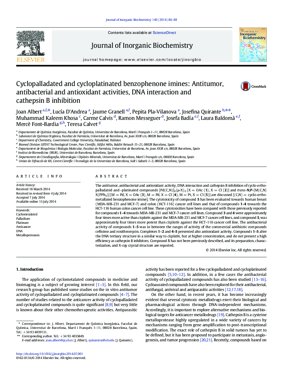 Cyclopalladated and cycloplatinated benzophenone imines: Antitumor, antibacterial and antioxidant activities, DNA interaction and cathepsin B inhibition