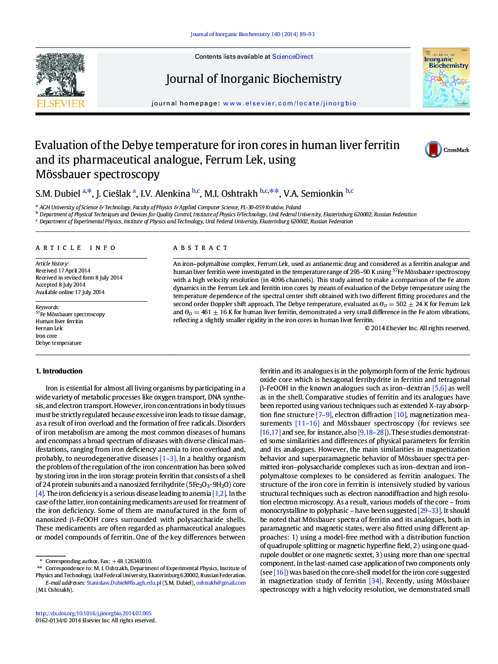 Evaluation of the Debye temperature for iron cores in human liver ferritin and its pharmaceutical analogue, Ferrum Lek, using Mössbauer spectroscopy